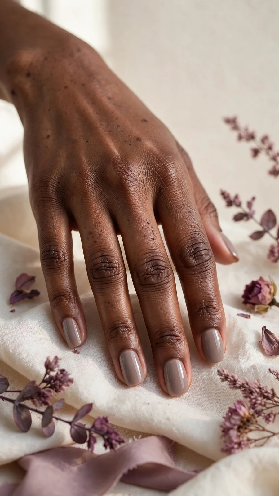 Simple taupe nail designs on squoval nails for the office