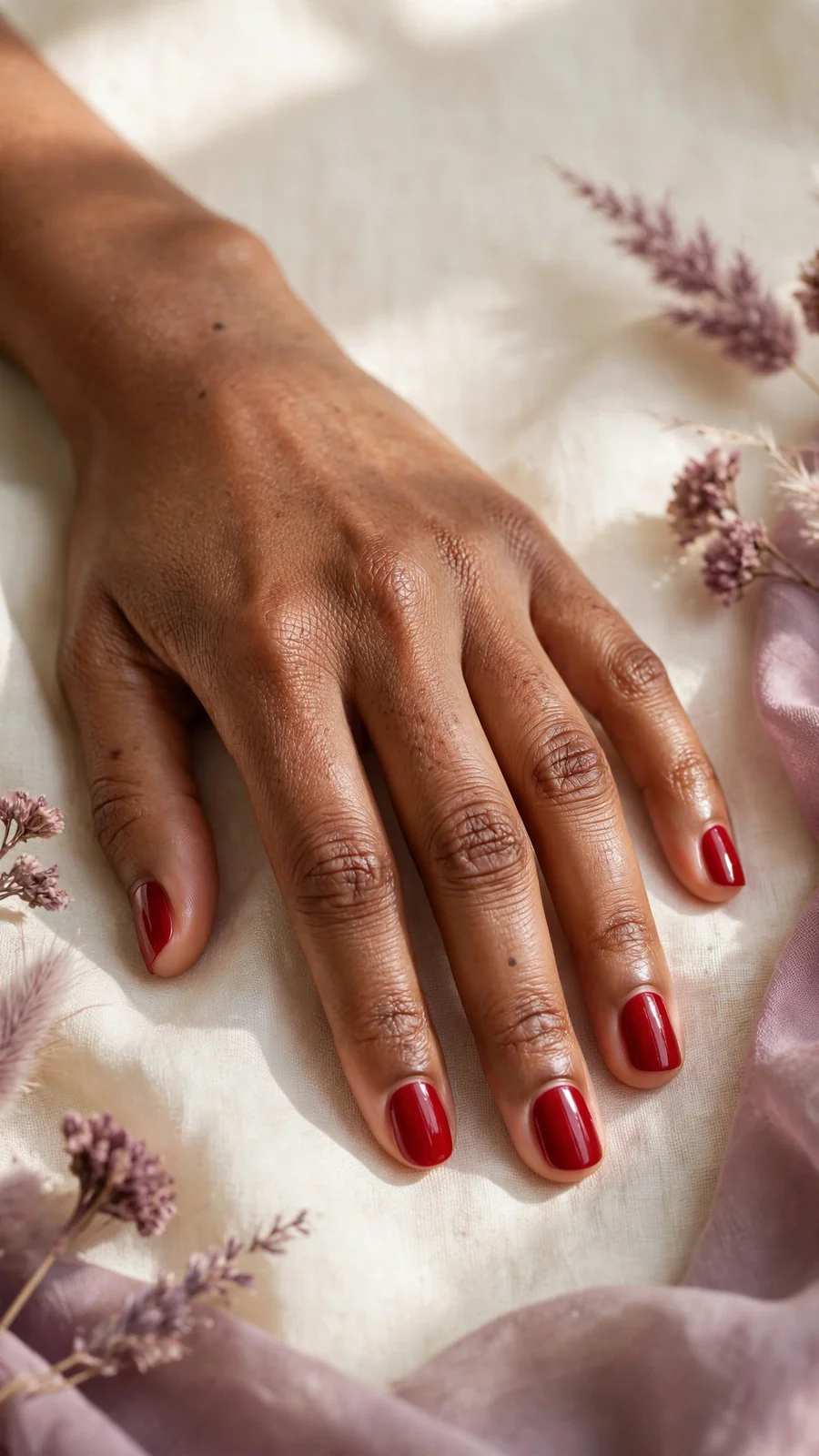 Simple red nail designs with a glossy finish on short nails