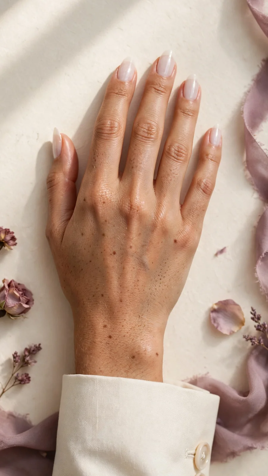Simple sheer white nail designs, office-appropriate almond manicure