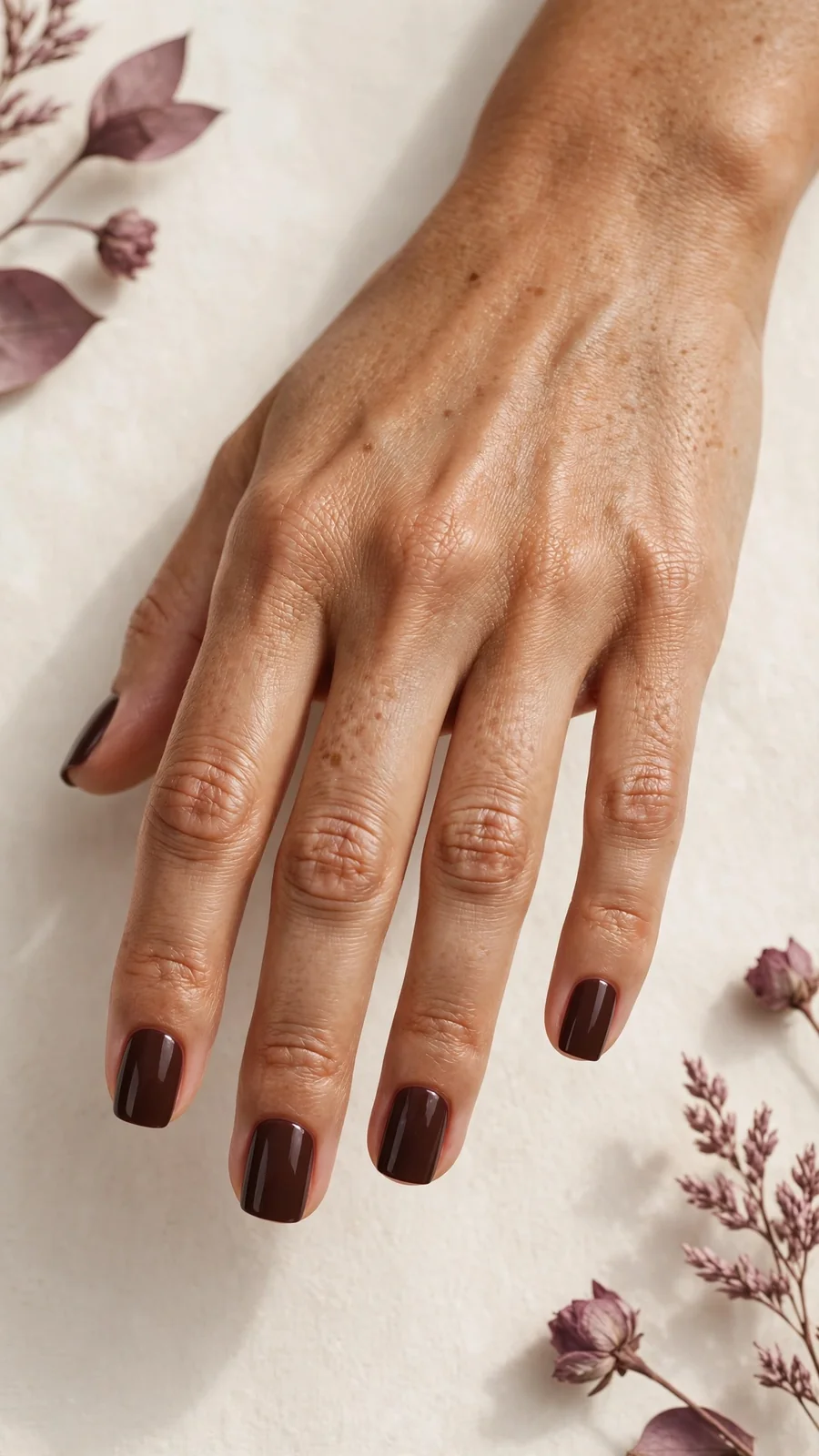 Simple chocolate brown nail designs on short square nails