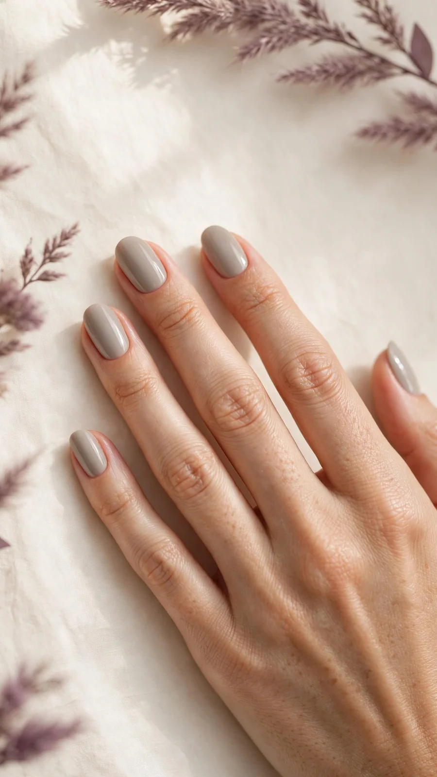 Simple greige nail designs on oval nails, minimalist office look