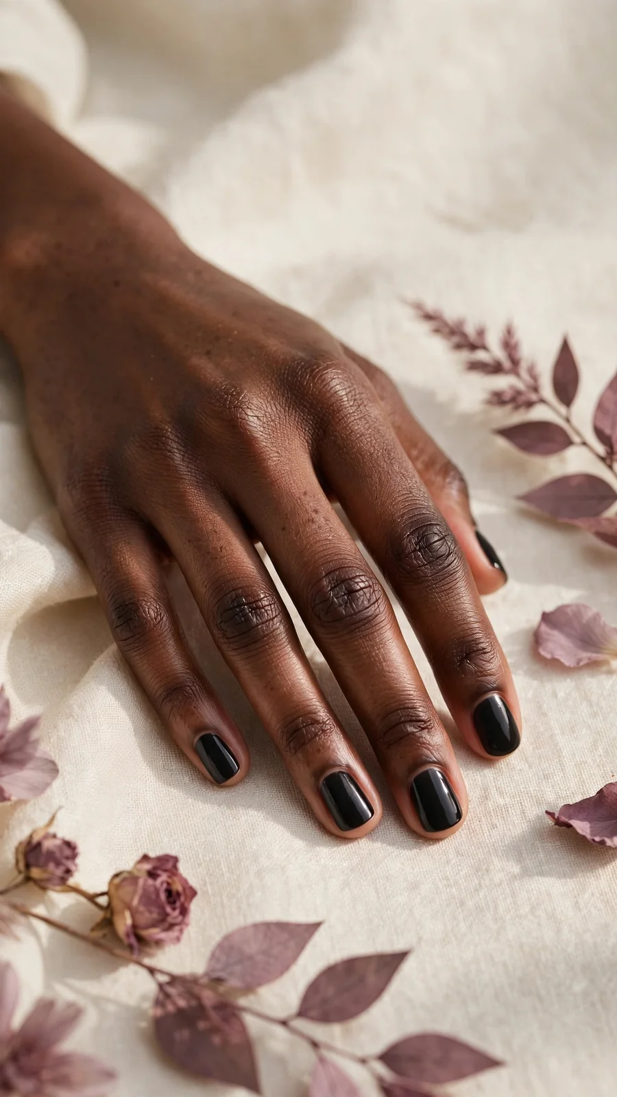 Simple black nail designs with a soft glossy finish, minimalist style
