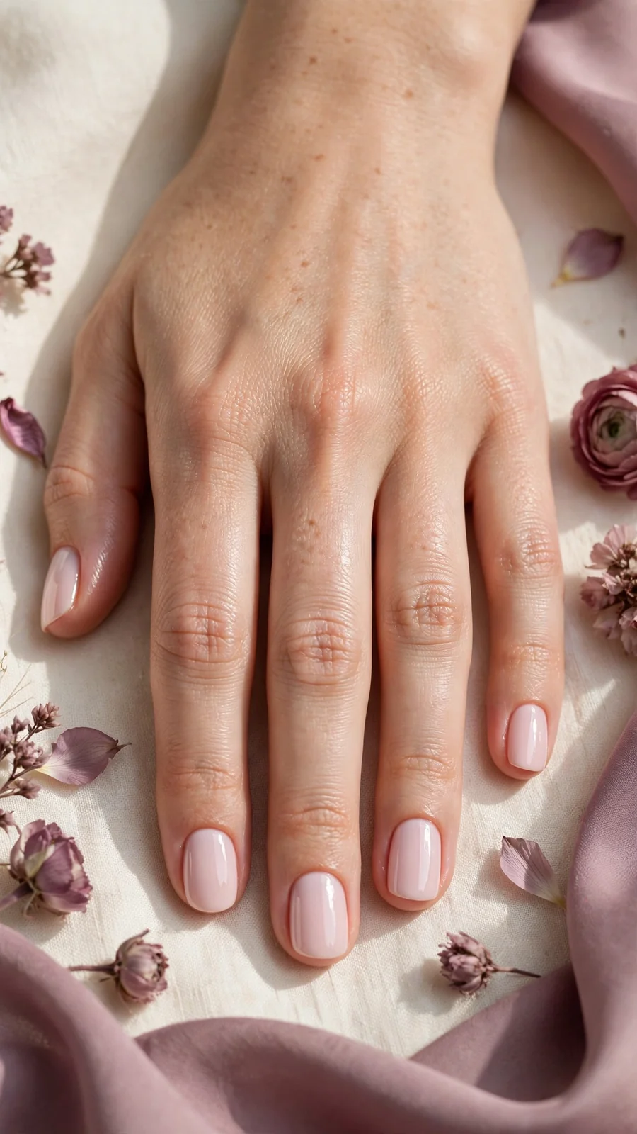 Simple pale pink nail designs for short nails with high-gloss top coat