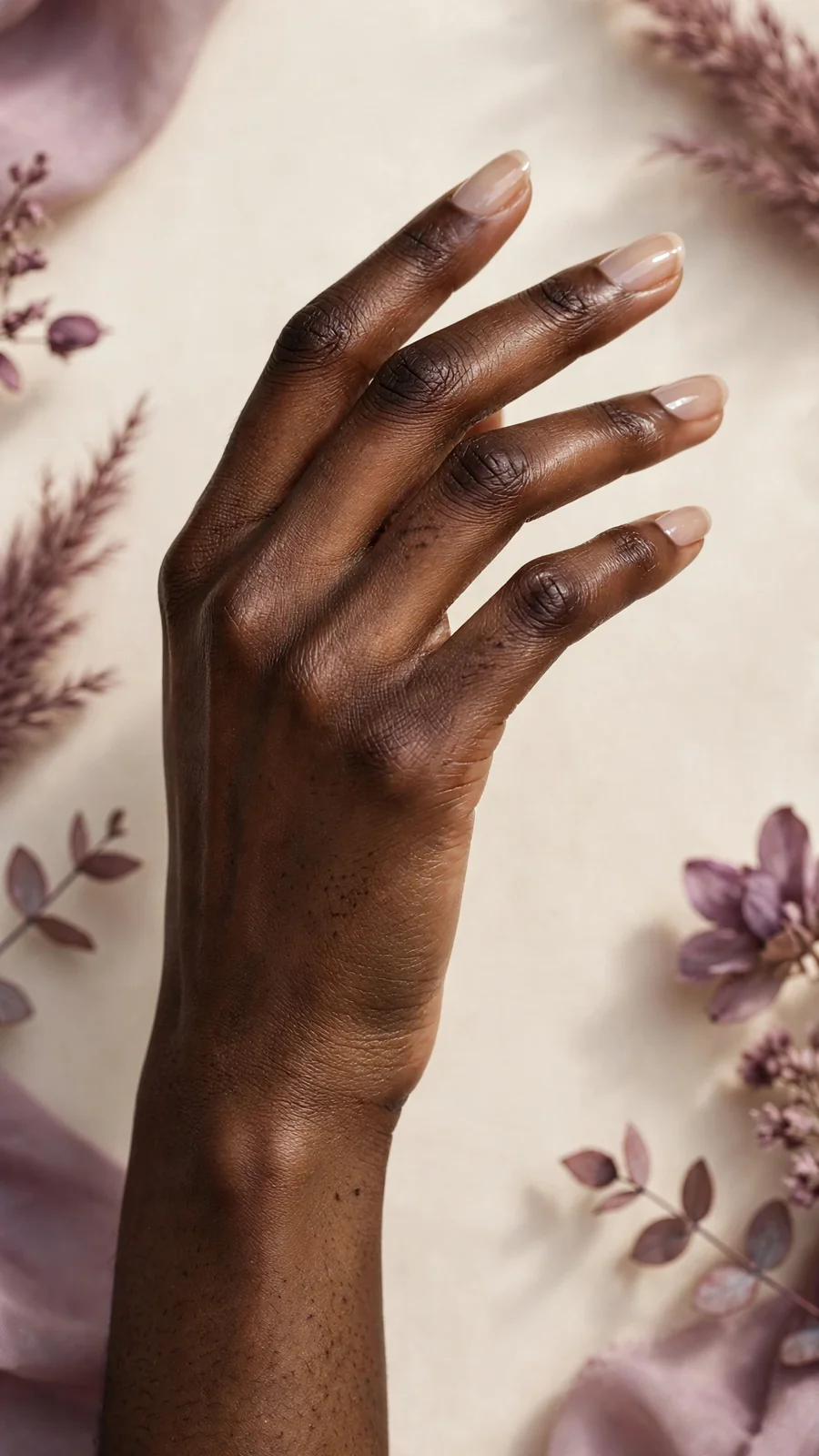 Simple sheer beige nail designs for short almond nails
