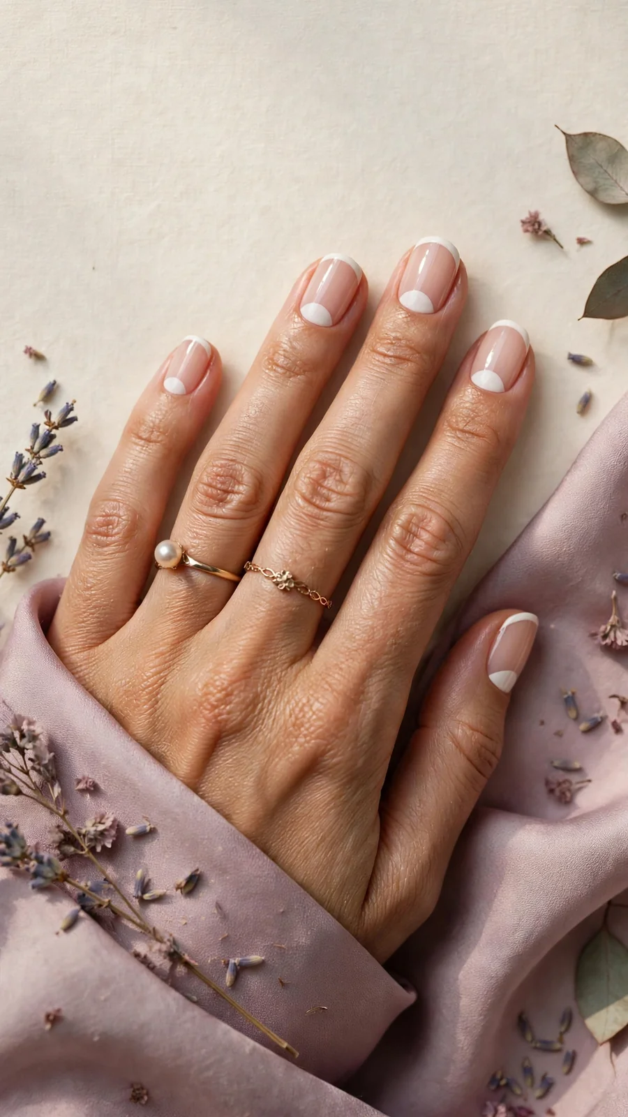 Simple half-moon nail designs in nude and white