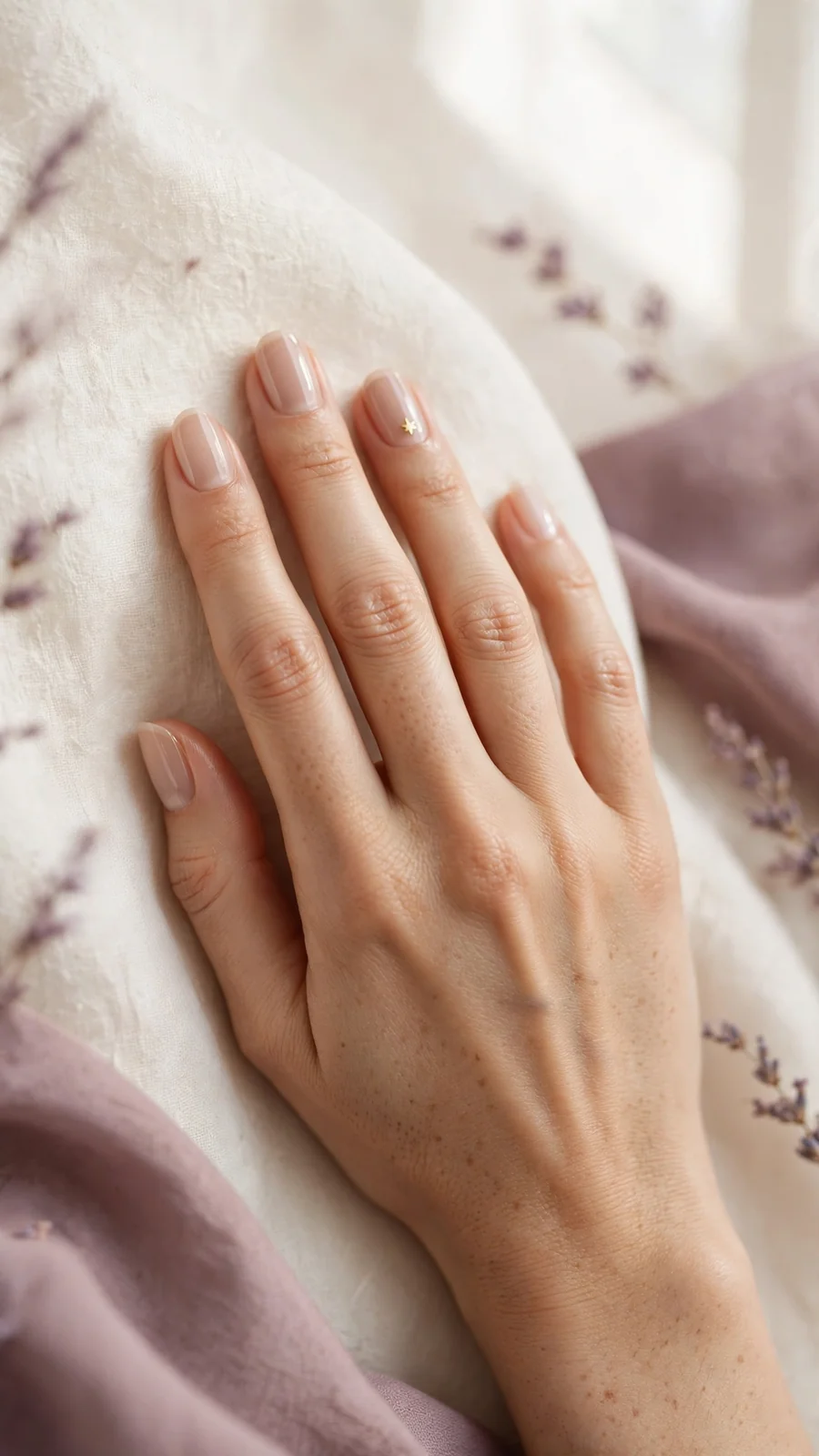 Simple nail designs with a tiny star accent on sheer nails