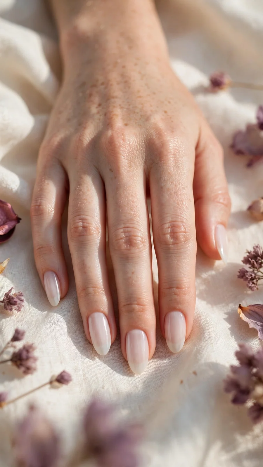Simple bridal nail designs, sheer white on almond nails