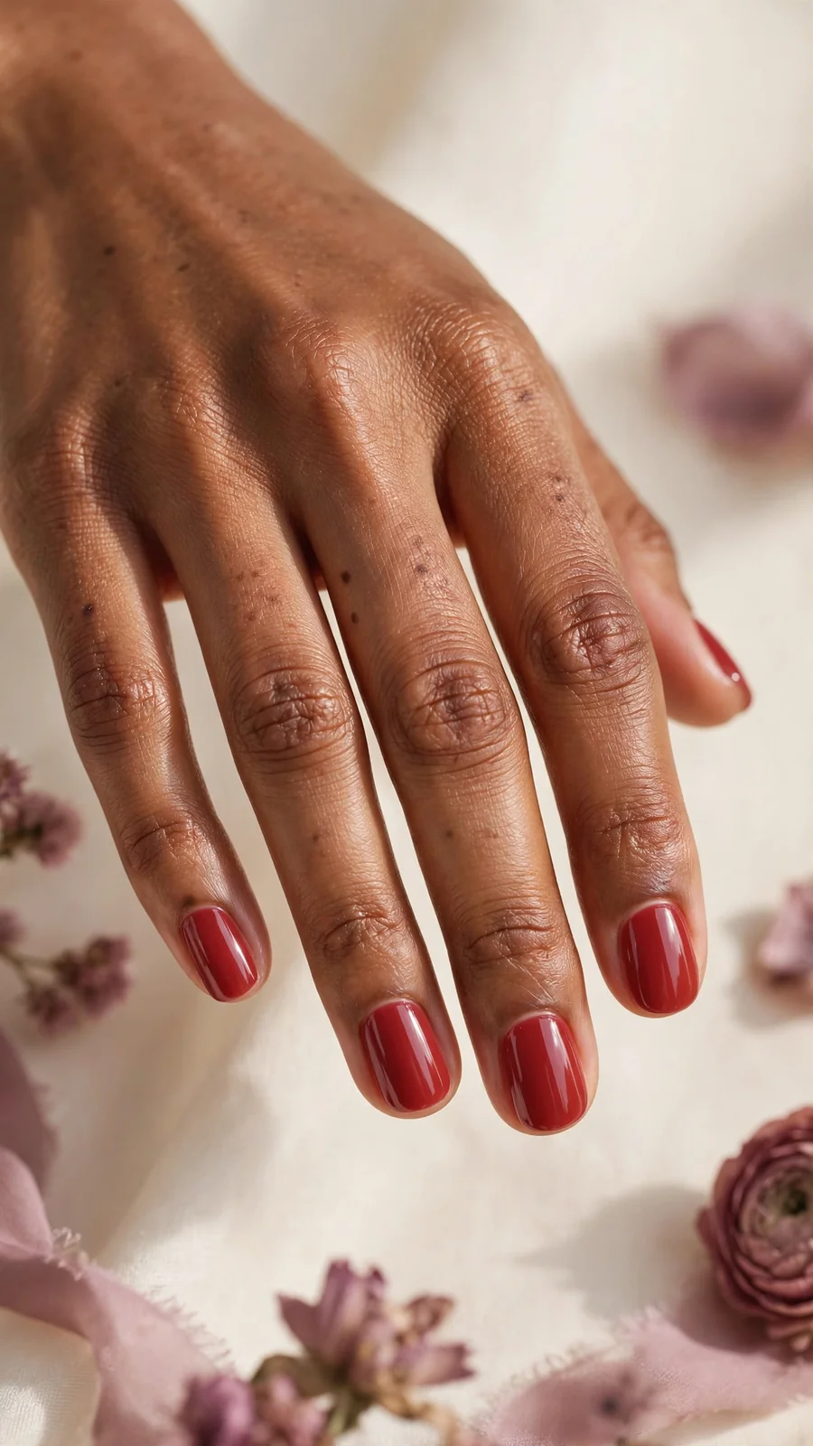 Simple red nail designs for date night, soft glossy finish