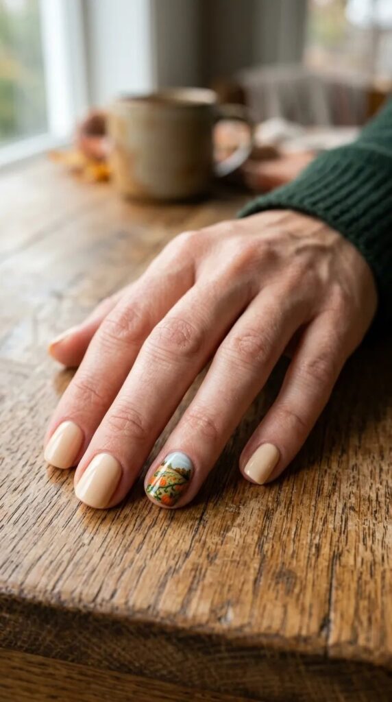 Snoopy Nails – pumpkin patch accent nail on cream short nails beside a coffee mug
