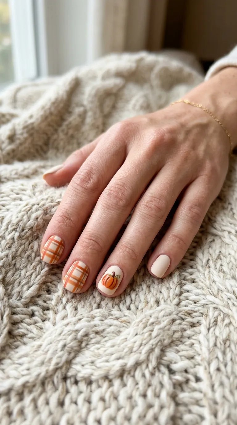 Snoopy Nails &ndash; orange and cream plaid nails with a pumpkin accent on a cable-knit blanket