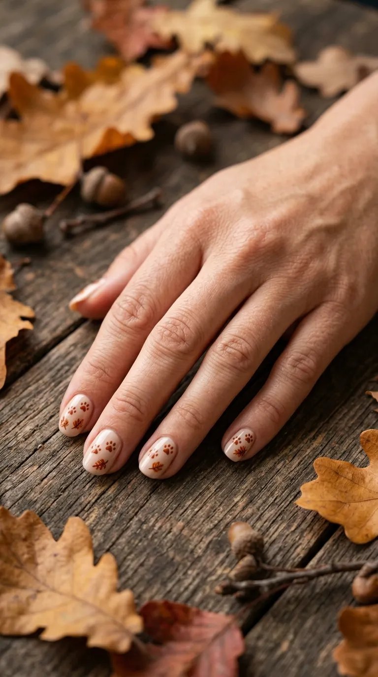 Snoopy Nails &ndash; small rust and gold leaf pattern nails resting on oak leaves and acorns