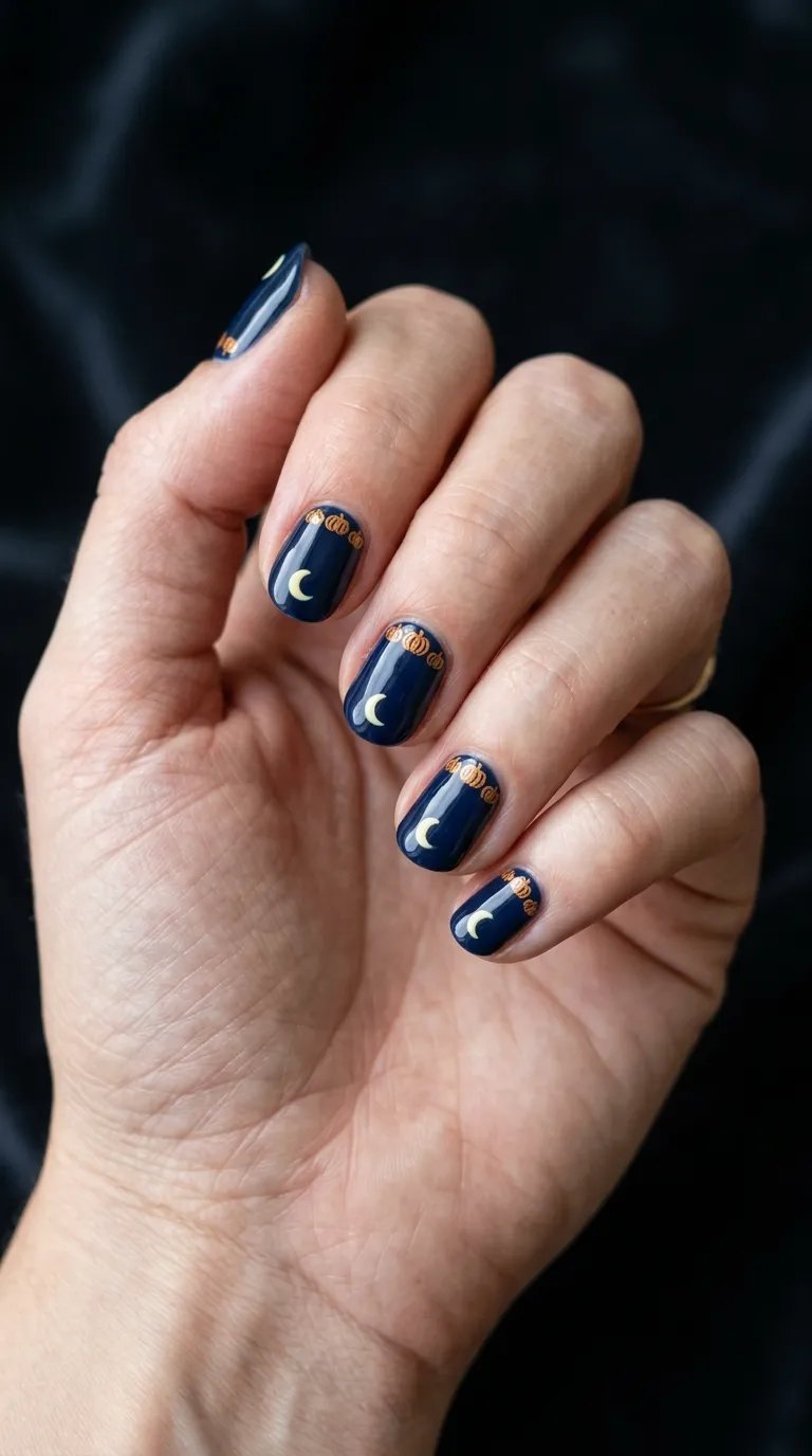 Navy blue nails with a pale yellow crescent moon and gold details on dark velvet