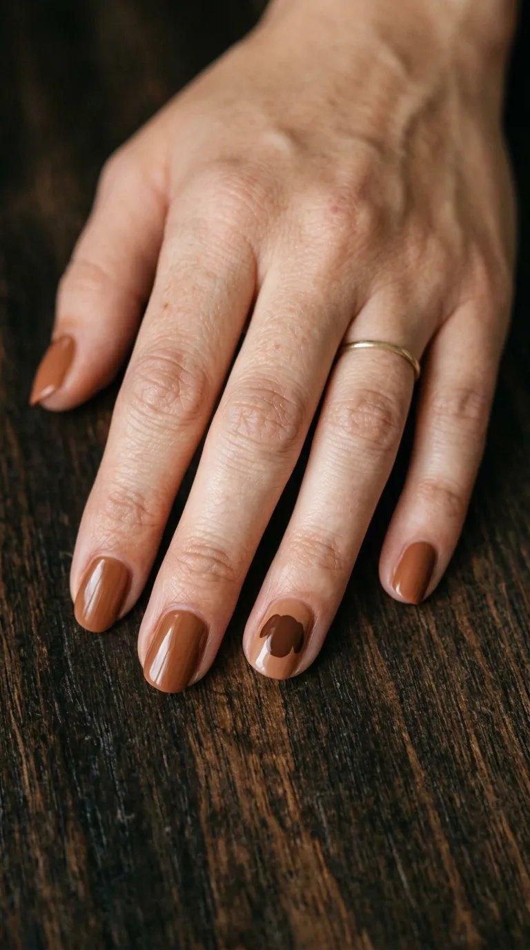 Caramel brown nails with a single beagle ear silhouette accent on a dark wooden table