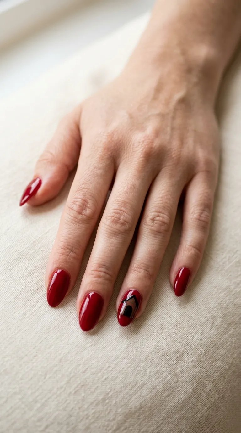 Deep red nails with a small black doghouse roof accent on a linen cloth