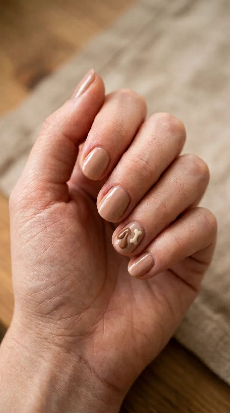 Nude nails with a small brown beagle-style dog accent on the ring finger
