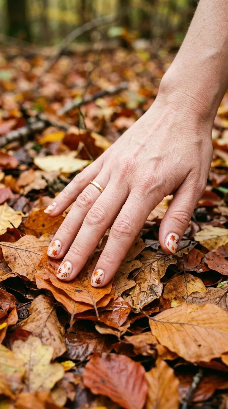 Tiny paw print and leaf nail art on pale nails resting on a pile of fall leaves