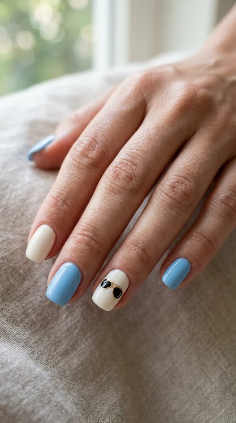 Cream and sky-blue nails with a tiny round goggles accent on the ring finger