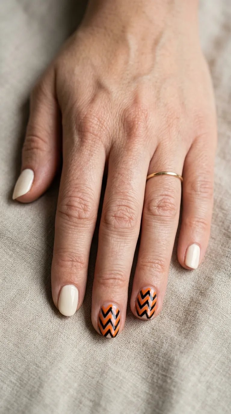 Orange and black zig-zag stripe accent nails with cream nails on linen