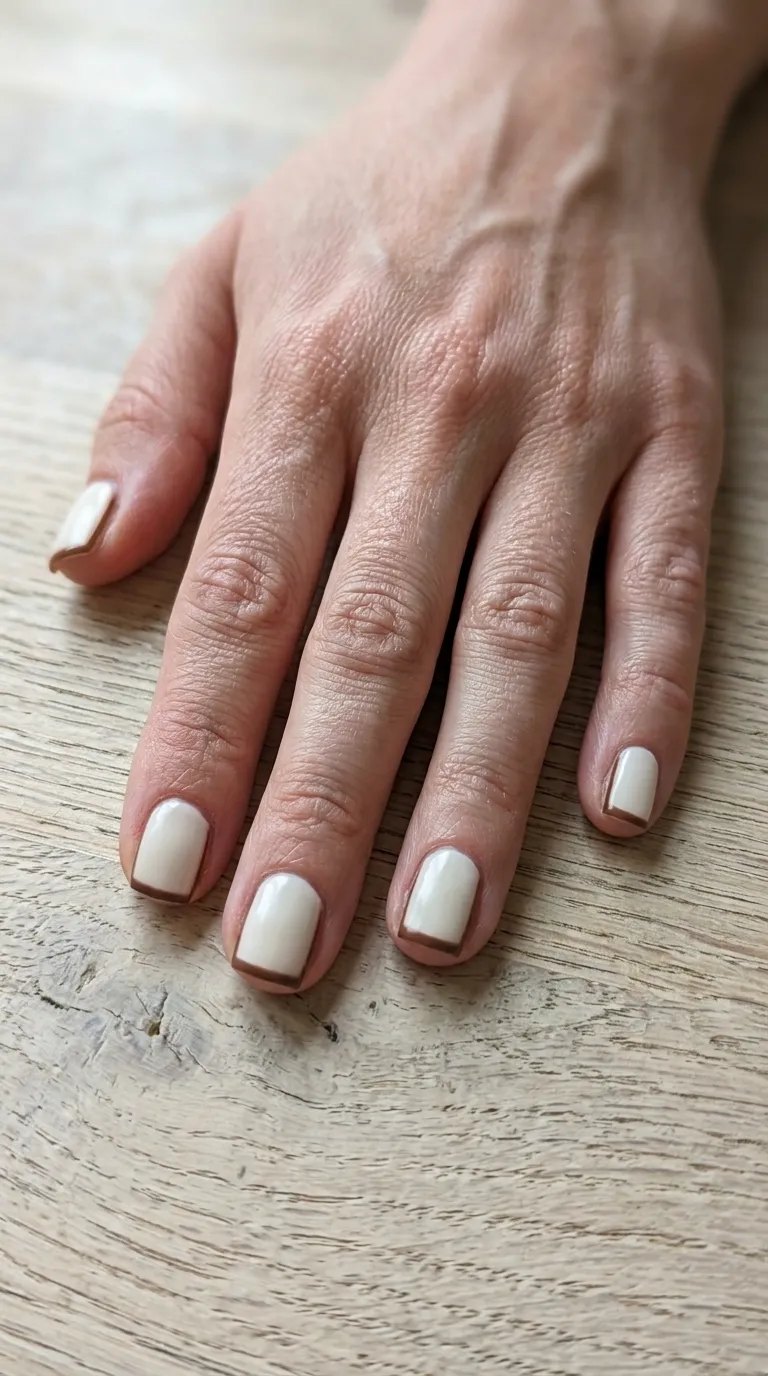 Soft cream short square nails on a light wooden table, a minimal base for comic-panel lines
