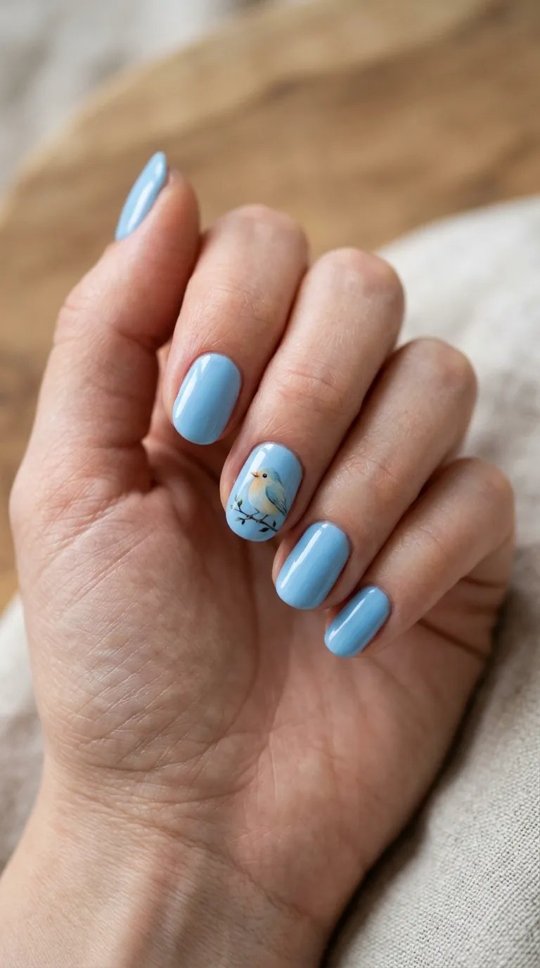 Sky-blue nails with a tiny yellow bird accent on the ring finger