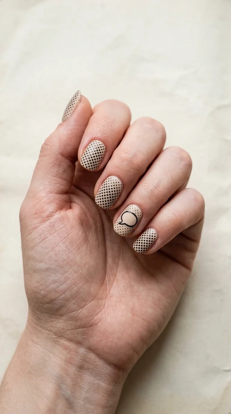Beige nails with black halftone dots and a speech-bubble accent on a paper background