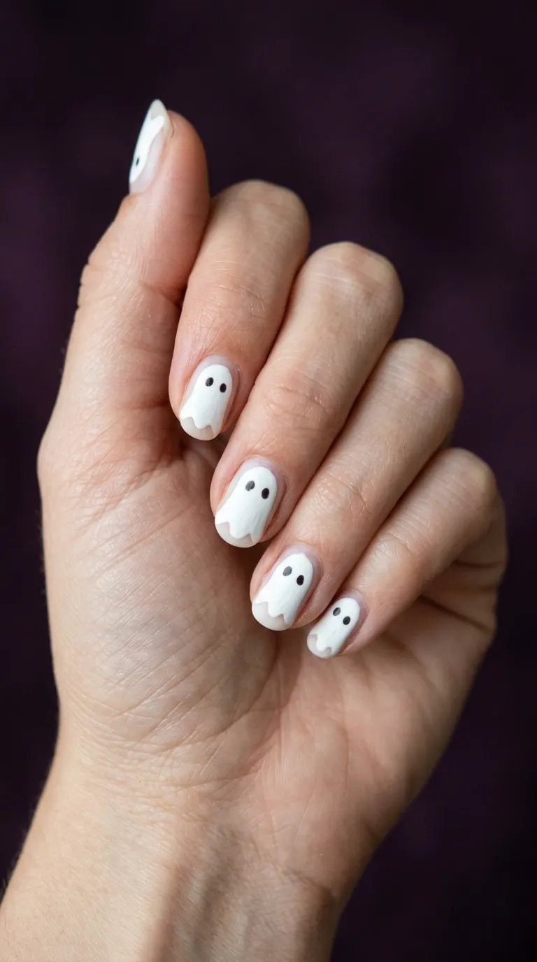 White ghost-face nails on a hand against a deep plum background