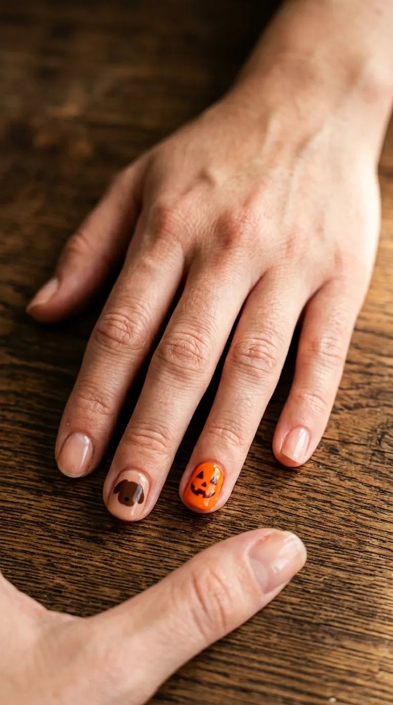 Orange jack-o'-lantern face nail beside a small brown beagle-style accent on a wooden table