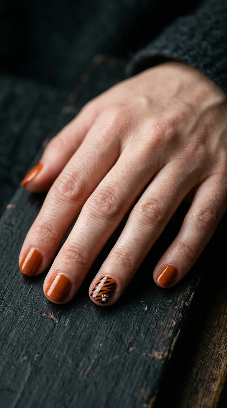 Burnt orange nails with a black-and-orange striped paw accent on a dark wooden surface