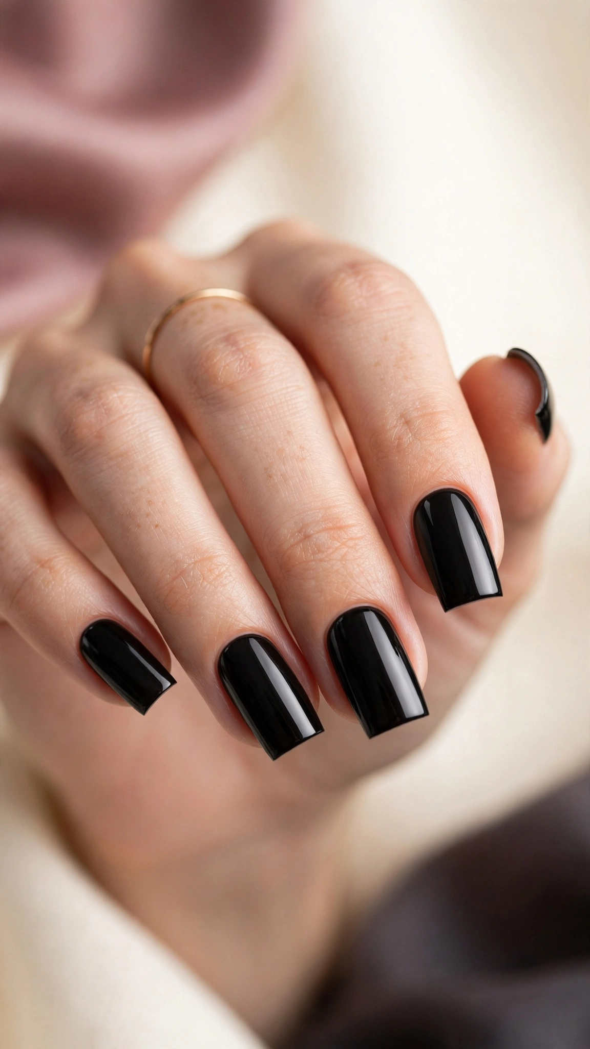 Glossy black polish on sharp square nails
