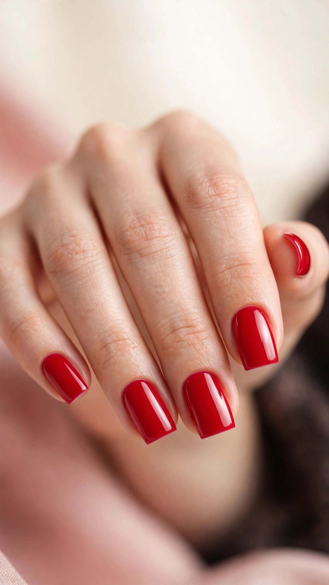Cherry red polish on square-shaped nails