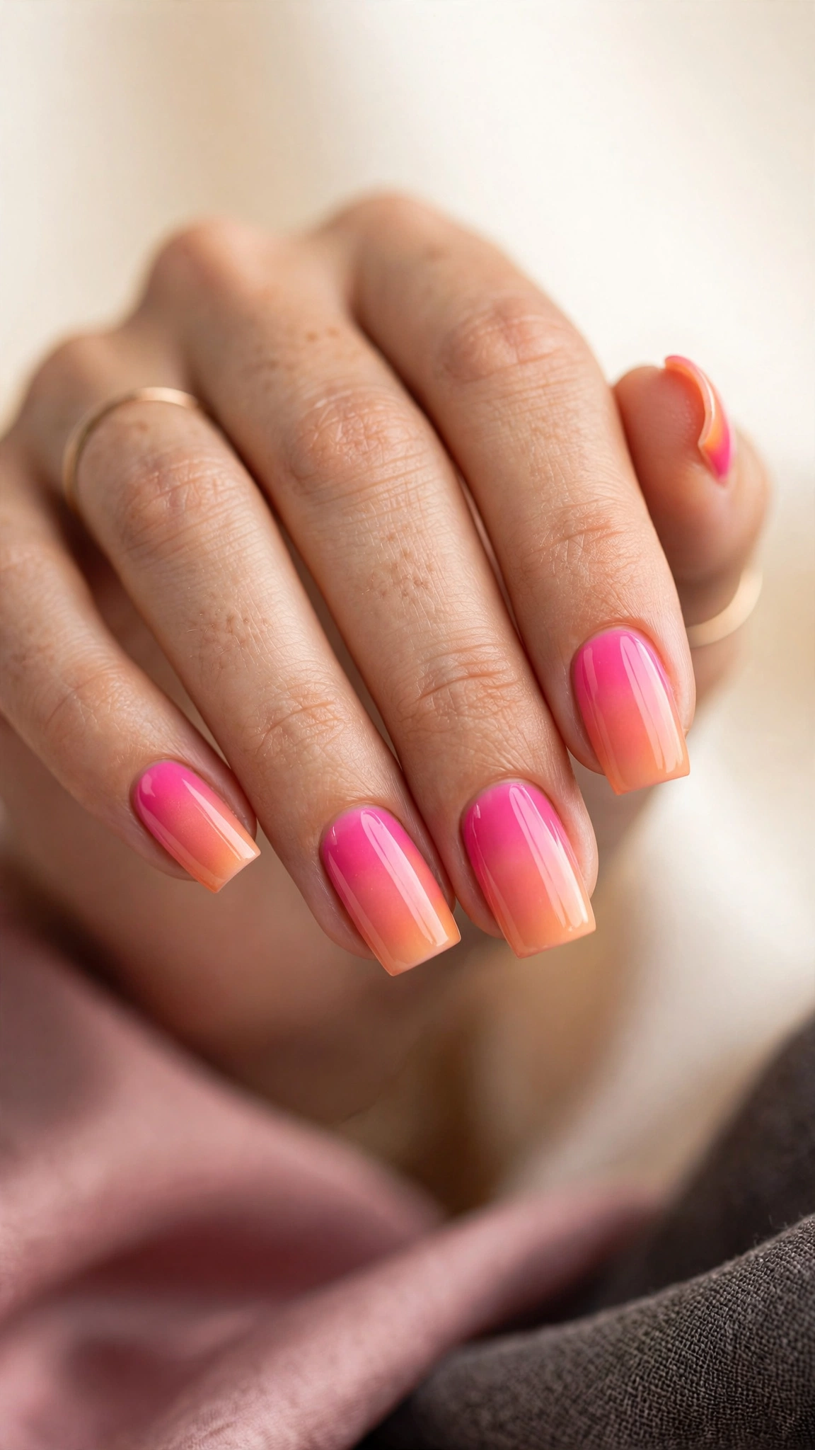 Pink to peach sunset ombre on square nails