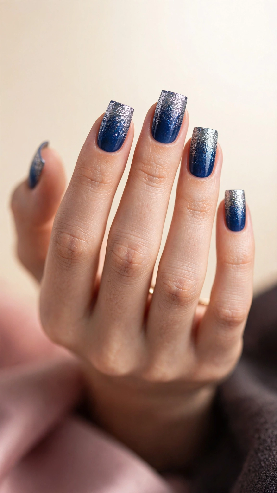 Blue to silver glitter fade on square nails