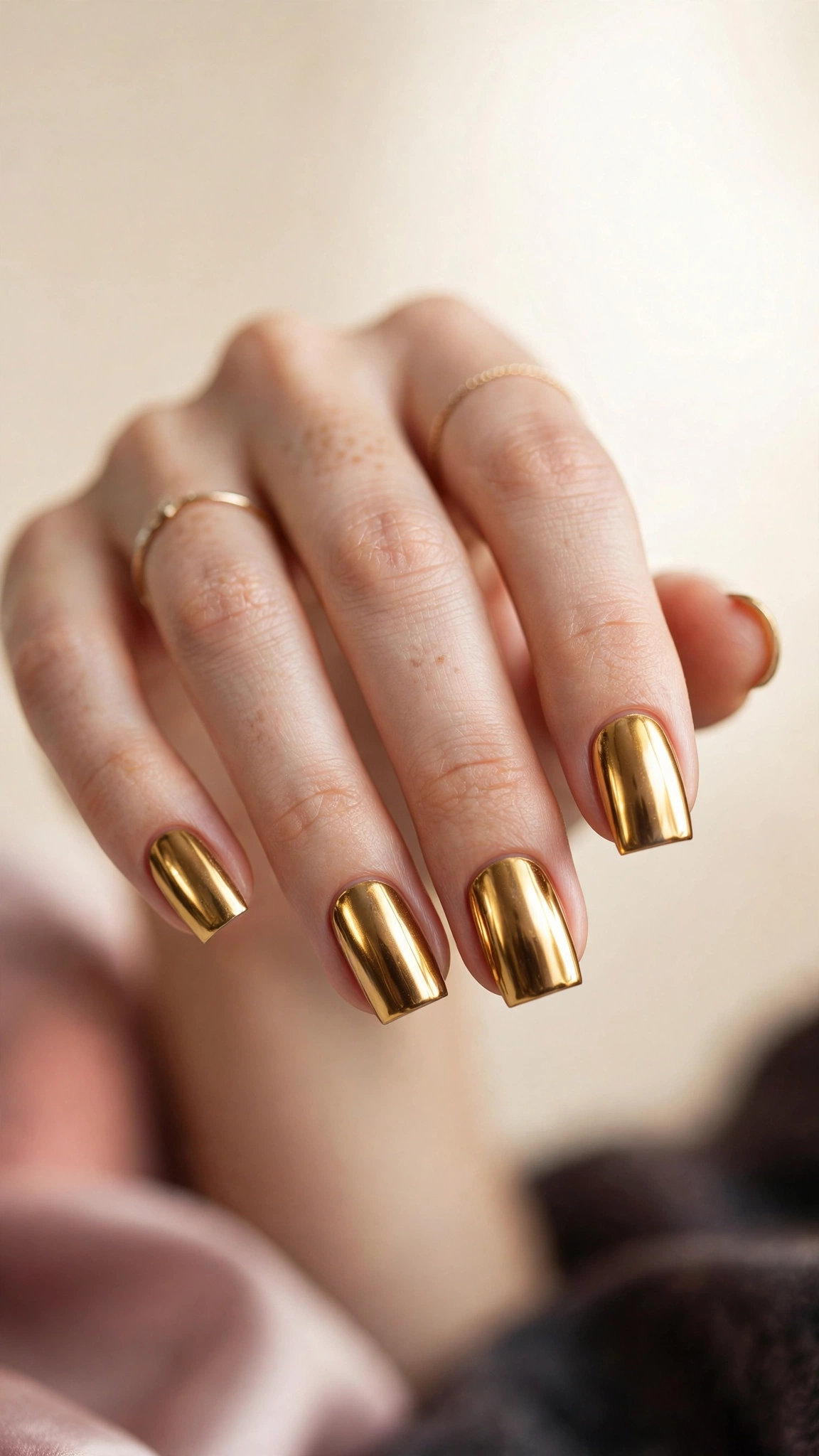 Gold chrome mirror polish on square nails
