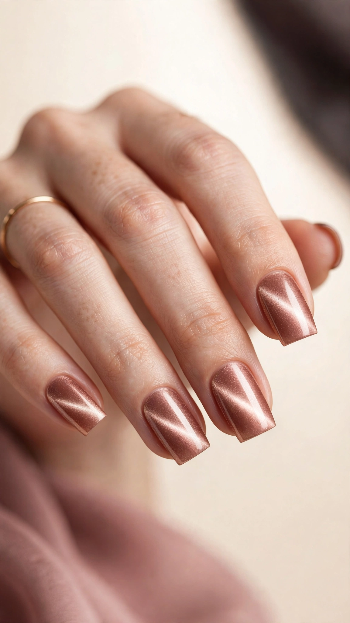Rose gold cat-eye magnetic polish on square nails
