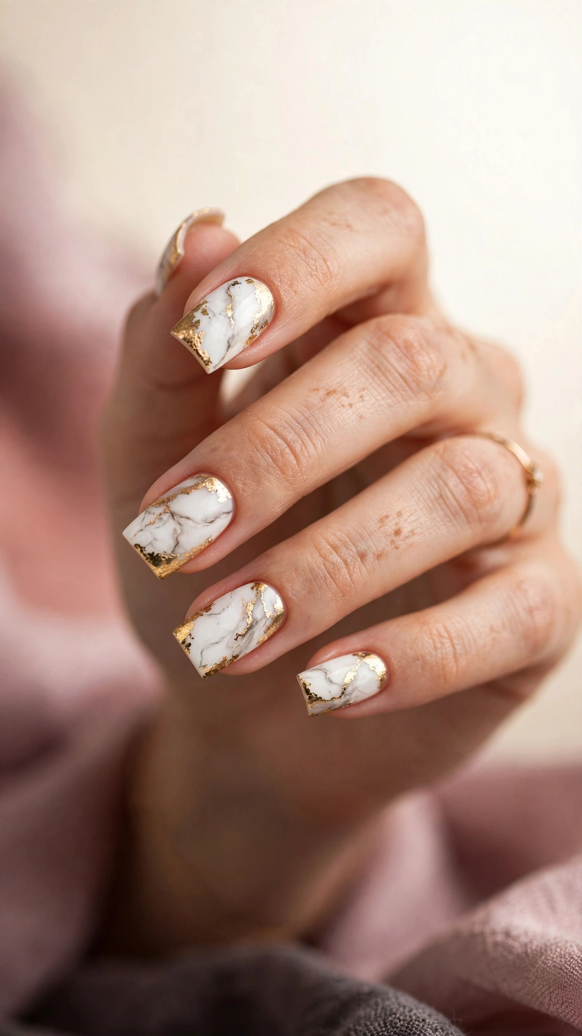 White marble with gold foil on square nails