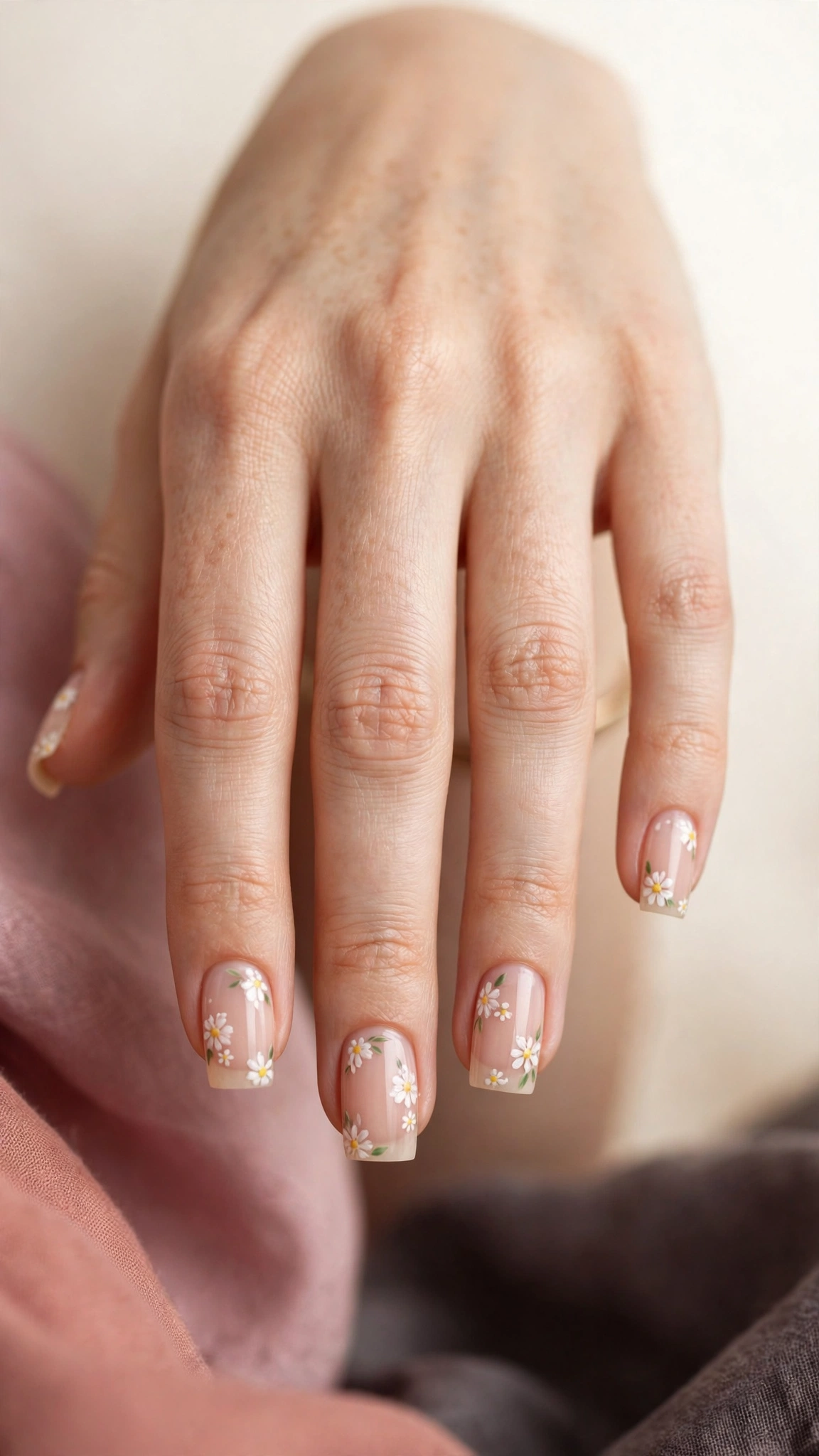 White daisy floral nail art on square nails