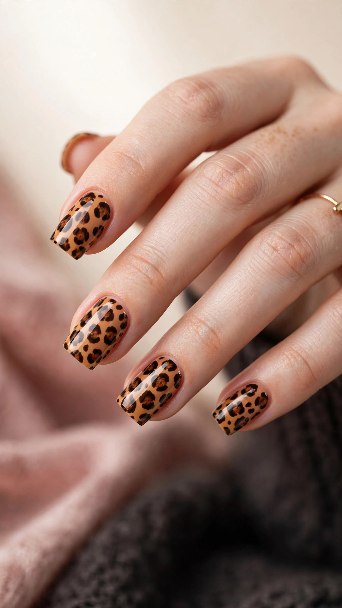 Leopard print nail art on square nails