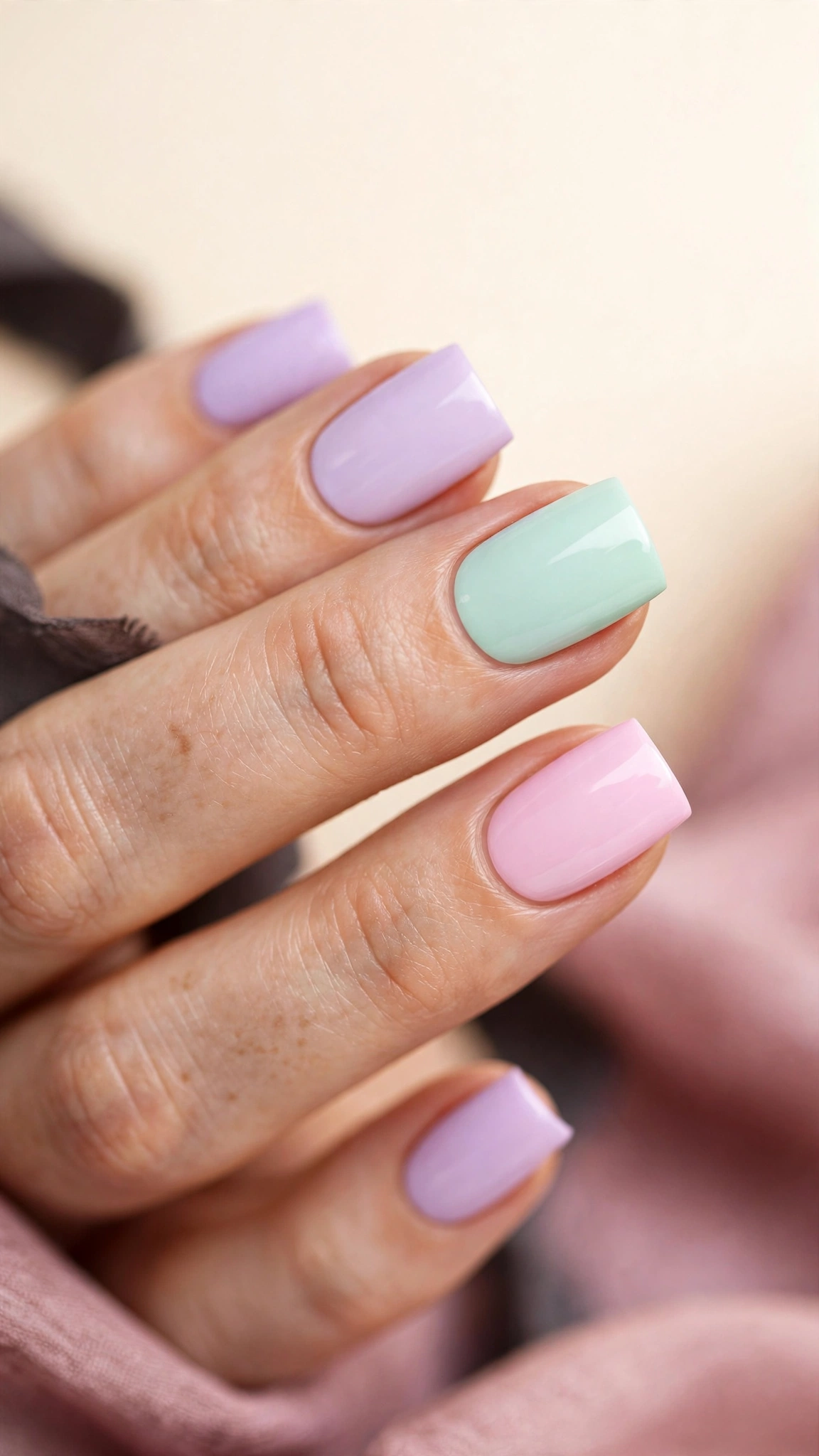 Pastel colored polish on square nails for spring