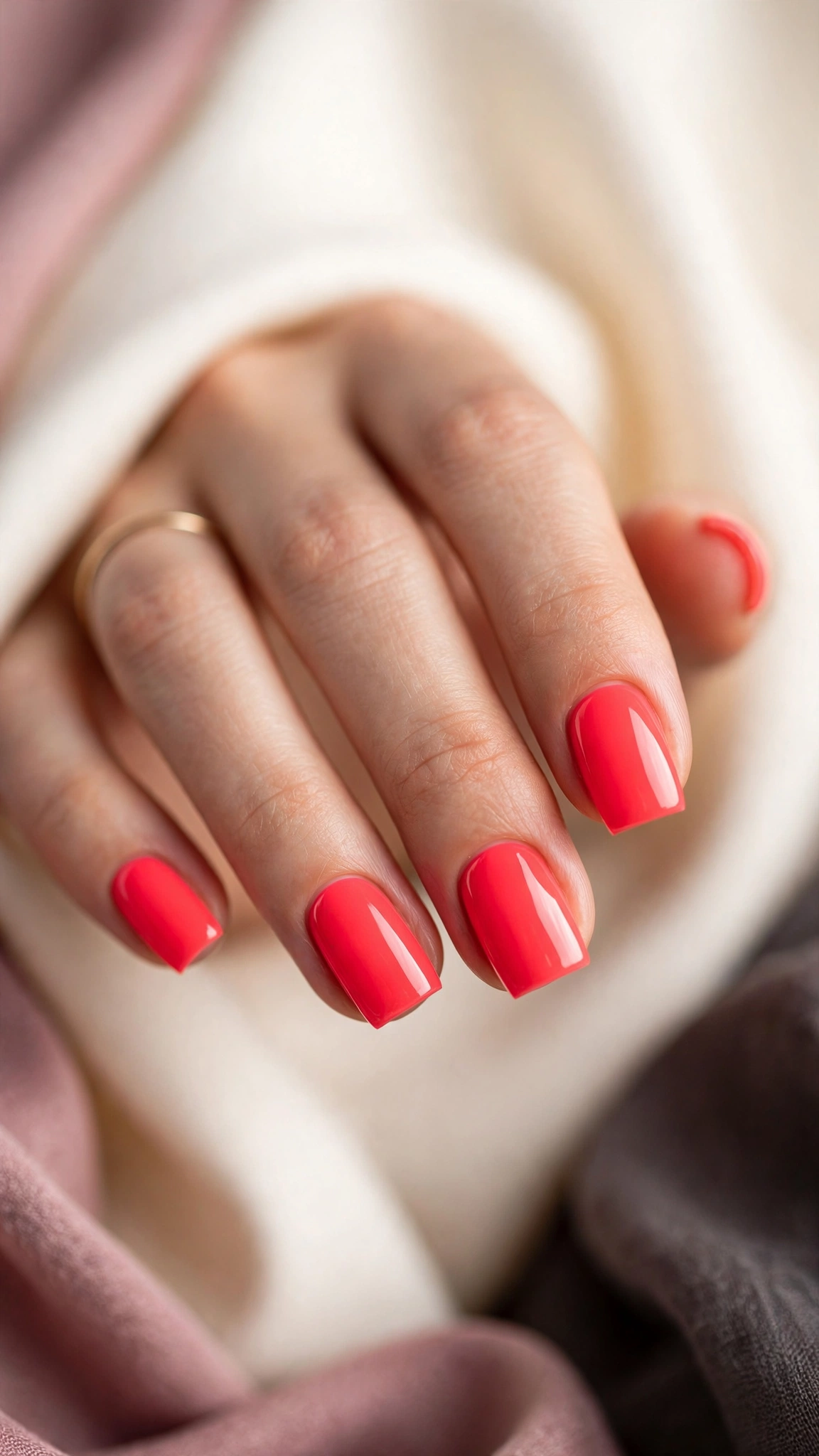 Neon coral polish on square nails