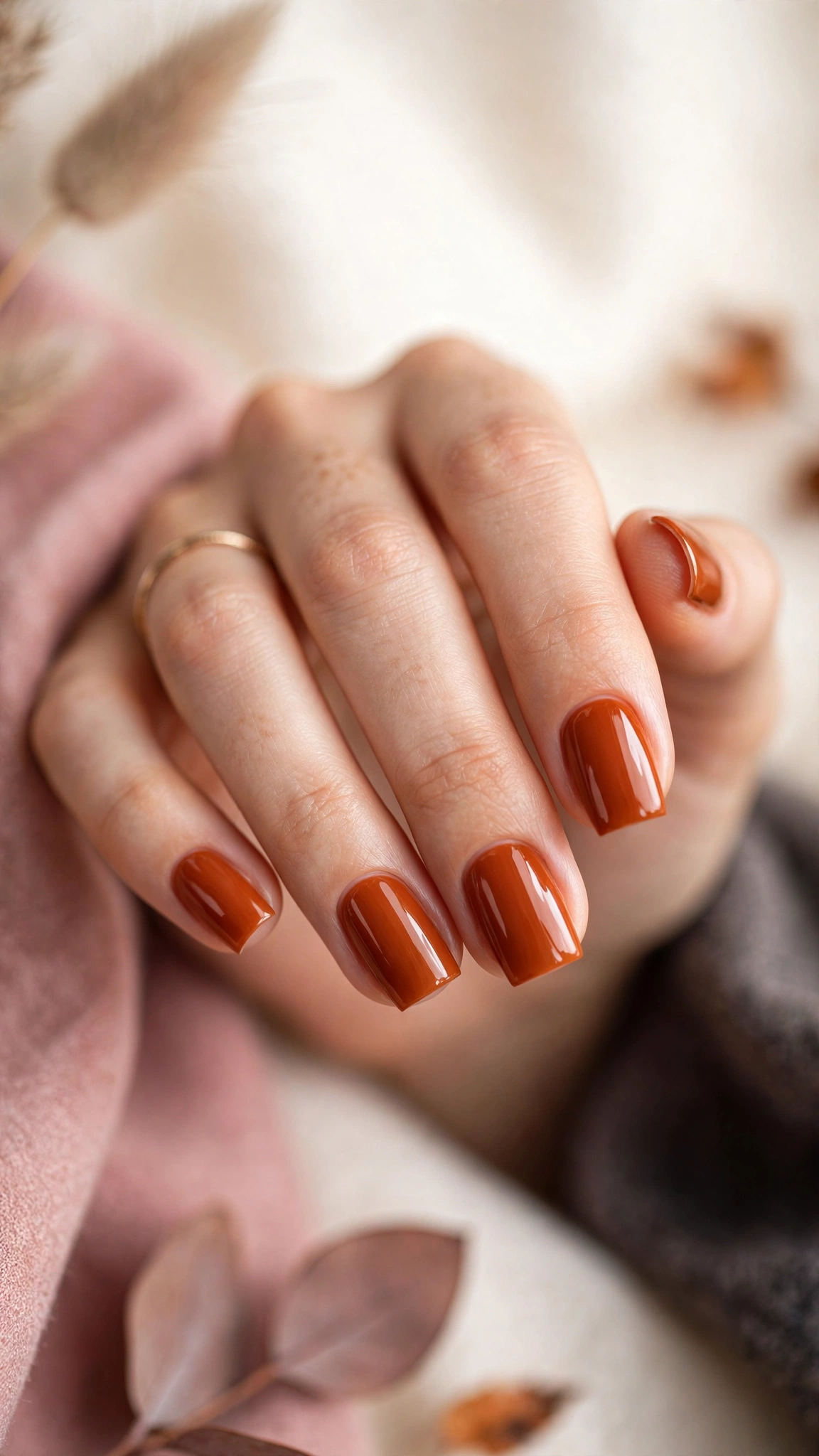 Burnt orange polish on square nails for fall