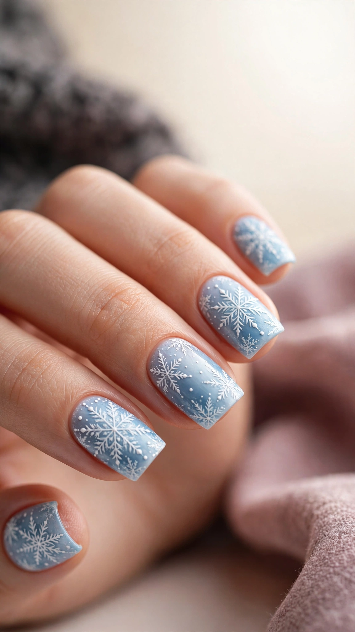 Snowflake nail art on blue square nails
