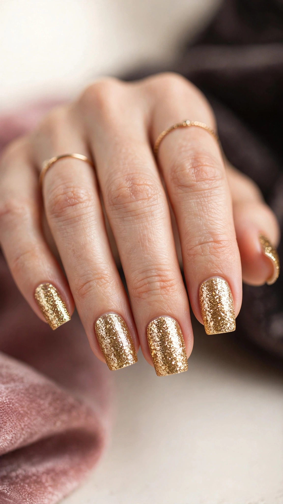 Gold glitter polish on square nails