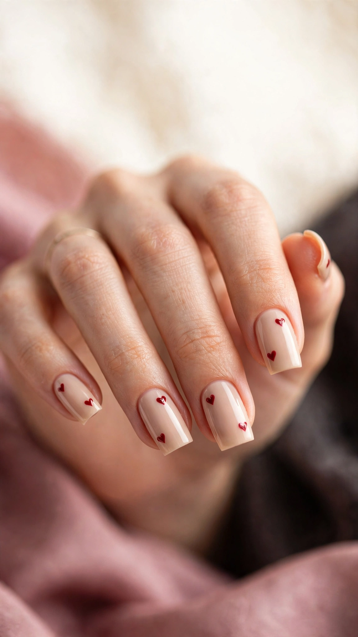 Red heart nail art on nude square nails