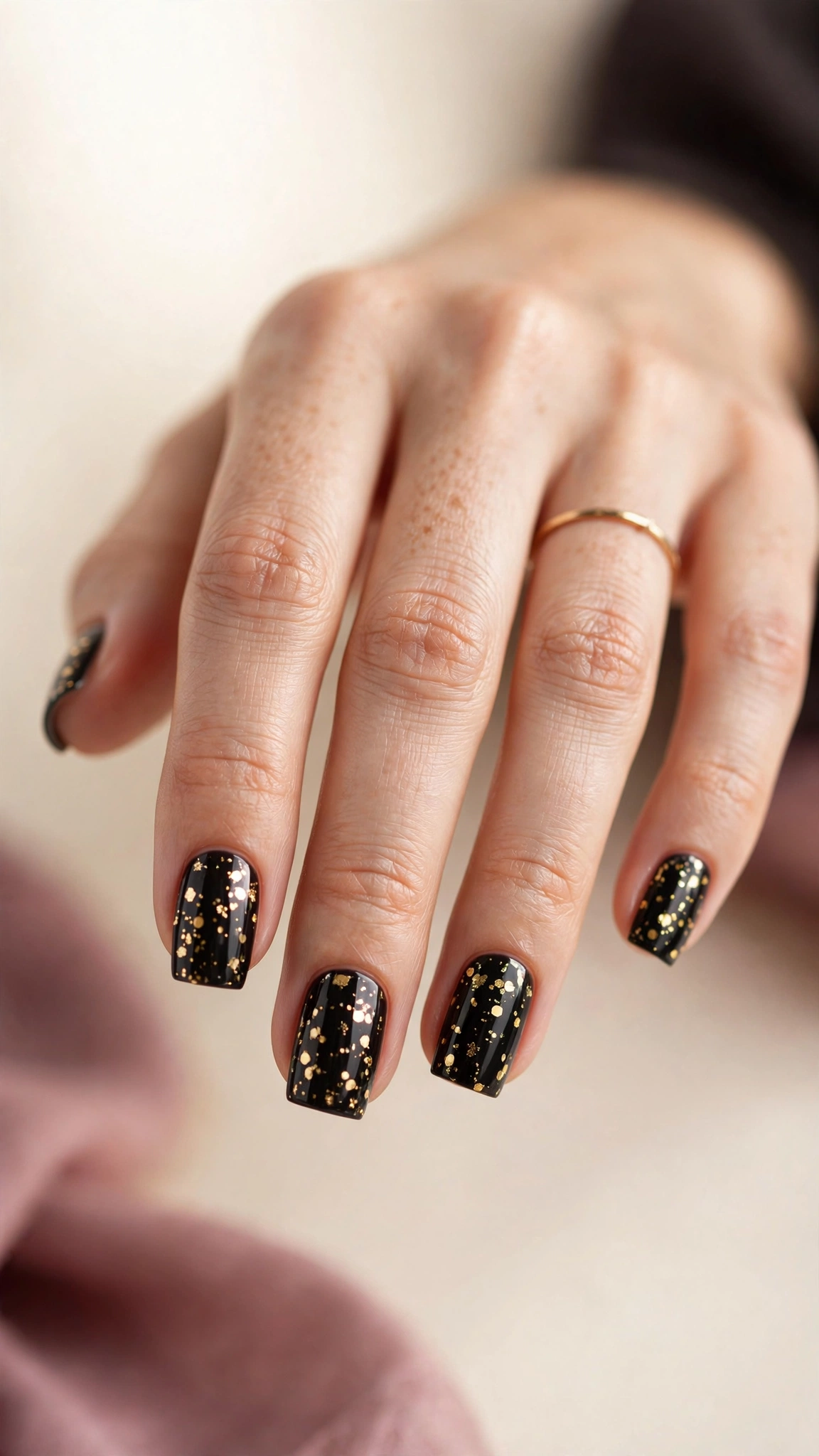 Gold confetti nail art on black square nails