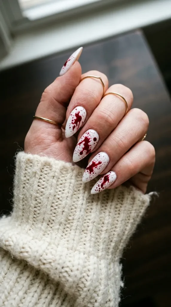 White stiletto nails with red blood splatter