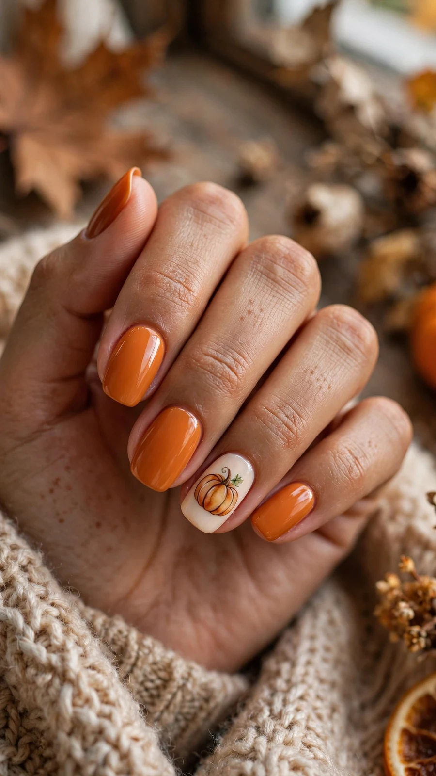 Thanksgiving nail designs in warm gourd-orange with a hand-painted pumpkin accent nail