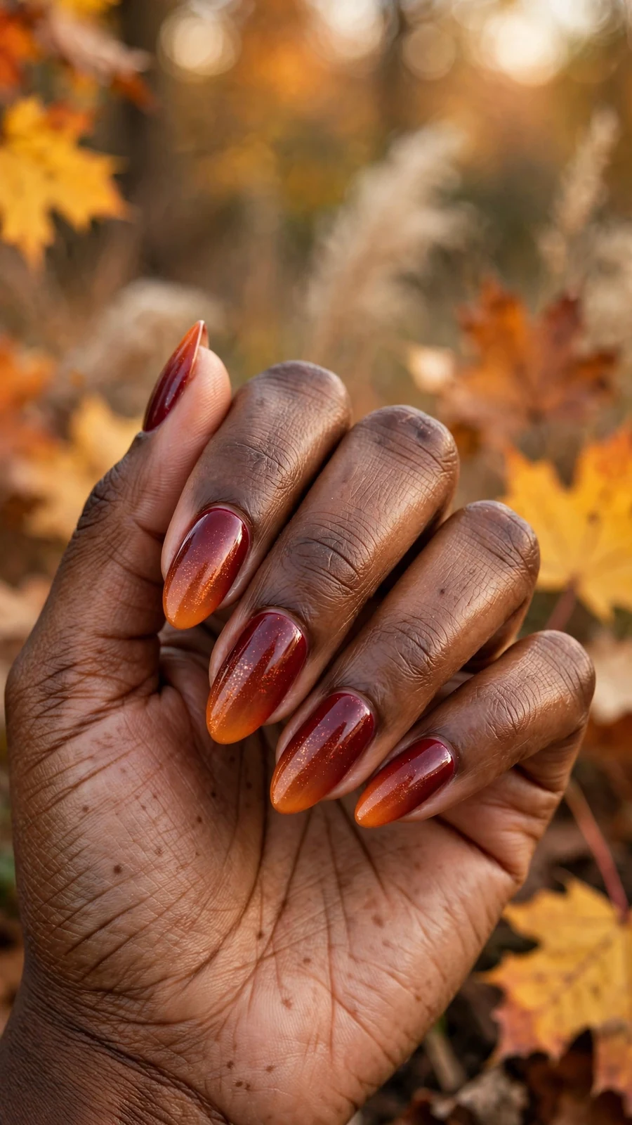 Thanksgiving nail designs with a deep red-to-orange harvest ombre on almond nails