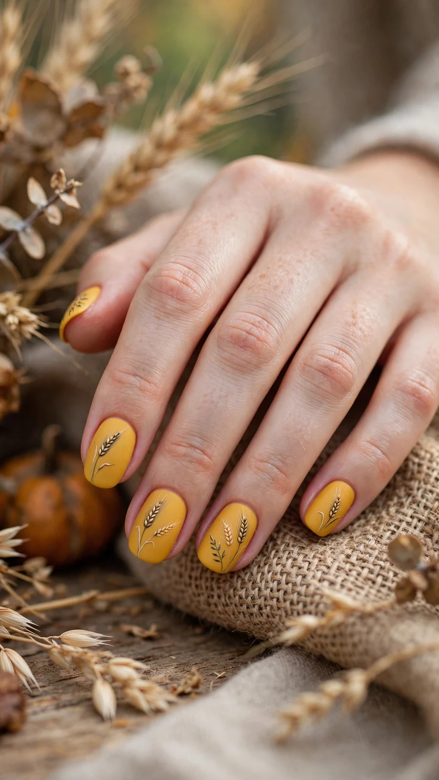 Thanksgiving nail designs in mustard yellow with a hand-painted wheat stalk detail