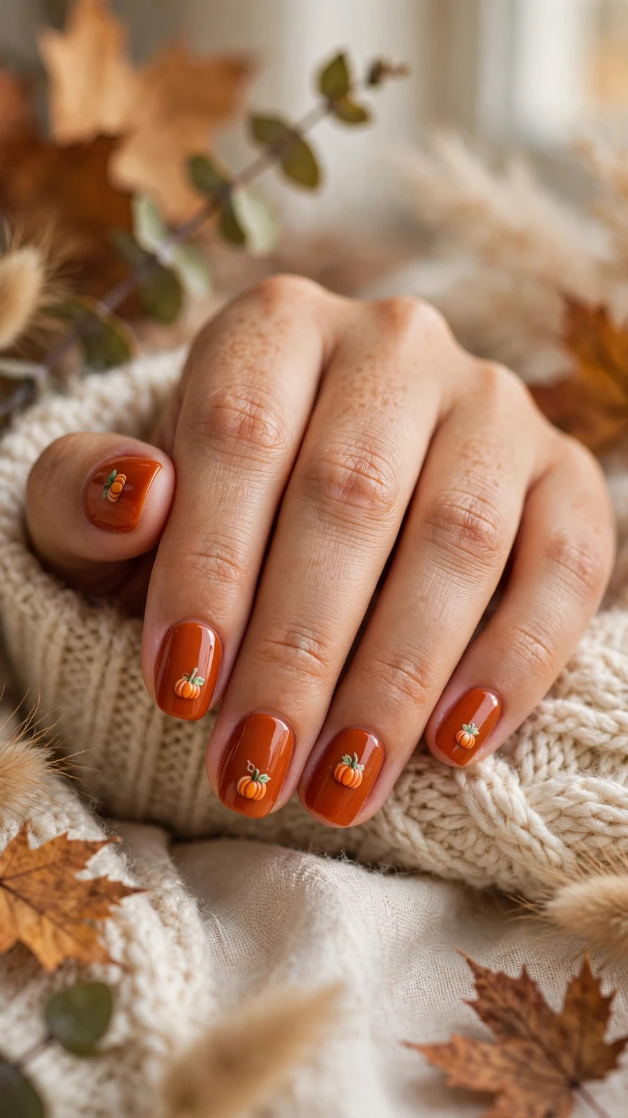 Thanksgiving nail designs in matte pumpkin-orange, full set