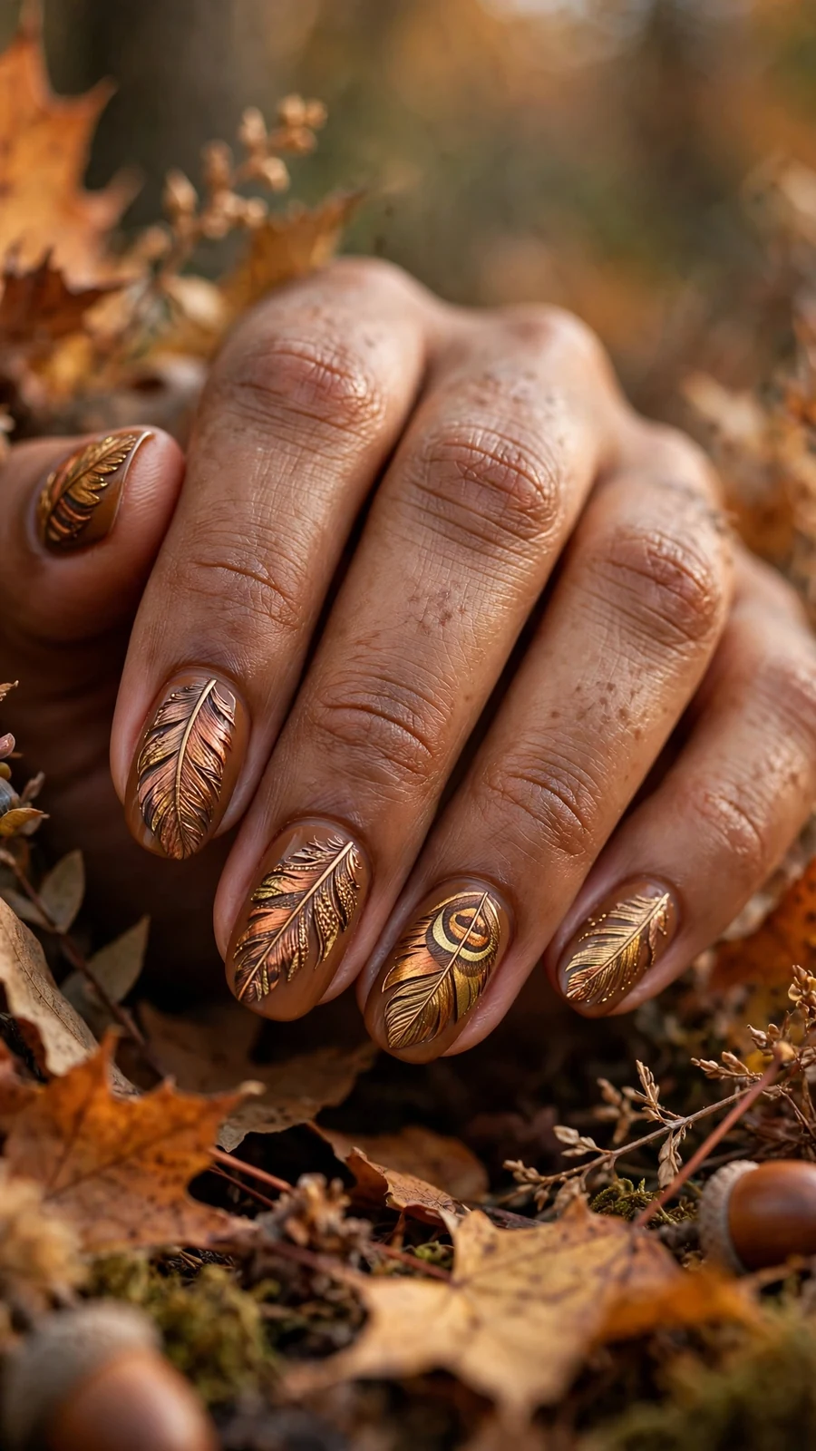 Thanksgiving nail designs with turkey feather fan nail art
